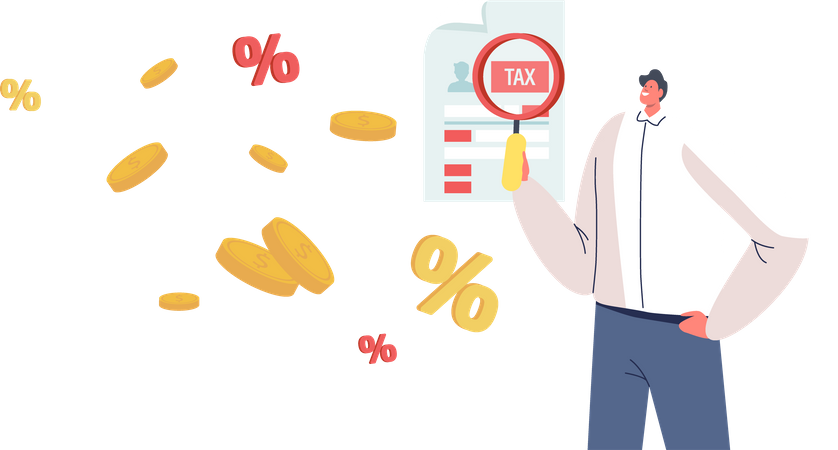 Male Character with Magnifier Look on Tax Form Illustration