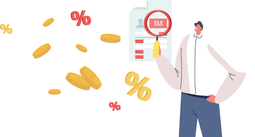 Male Character with Magnifier Look on Tax Form  Illustration