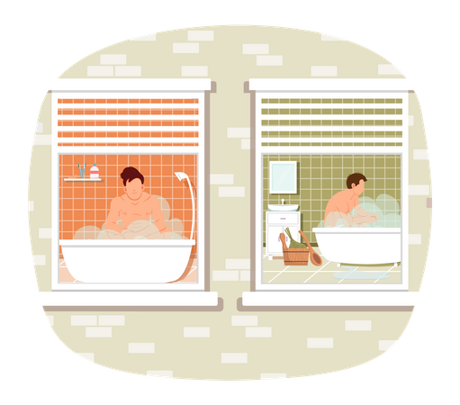 Male characters lying and relaxing in hot water. View from window on guys resting in home sauna  Illustration