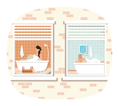 Male characters lying and relaxing in hot water. View from window on guys resting in home sauna  Illustration