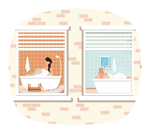 Male characters lying and relaxing in hot water. View from window on guys resting in home sauna  Illustration