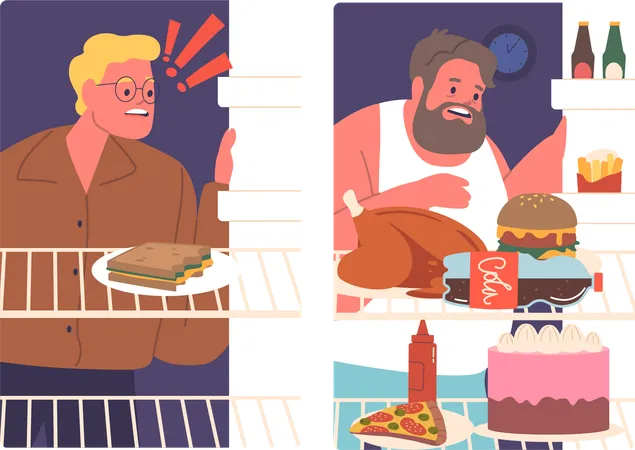 Male Characters Opening Fridges Looking Inside Choosing Eating  Illustration