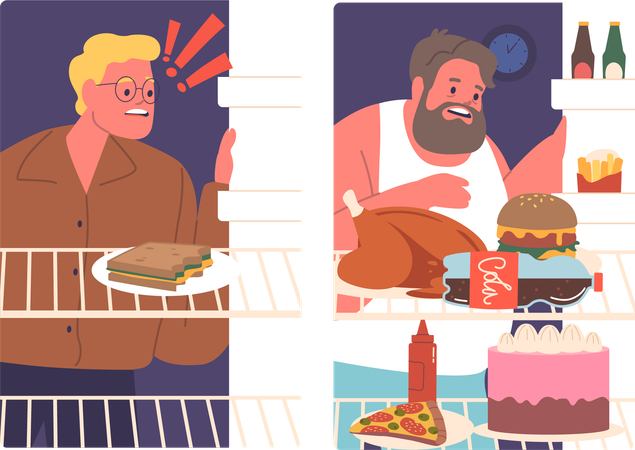 Male Characters Opening Fridges Looking Inside Choosing Eating  Illustration