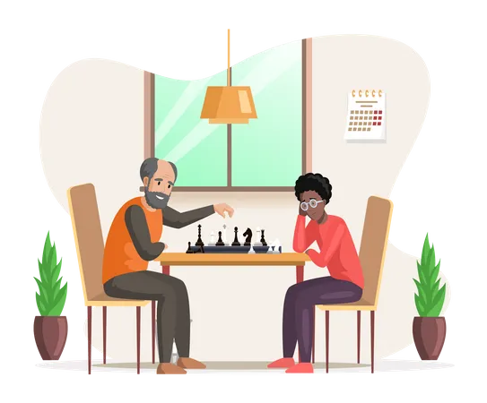 Male characters sitting at table playing chess in living room Illustration