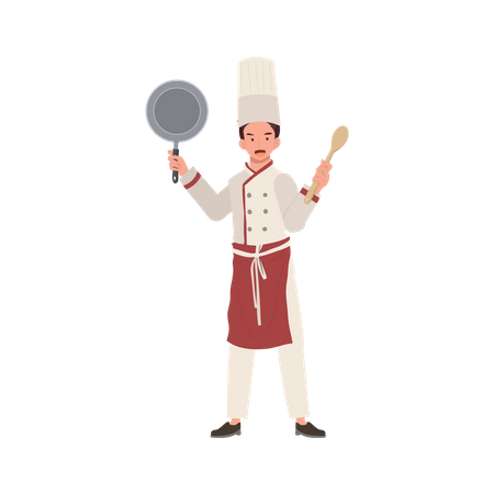 Male Che in Chef Hat Holding Pan and Turner  일러스트레이션
