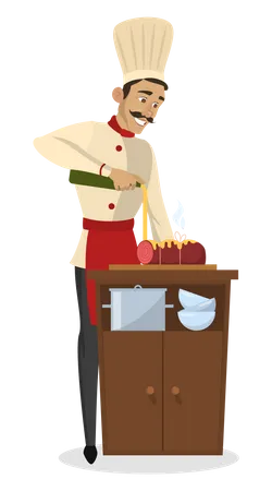 Male chef adding wine to ham  Illustration