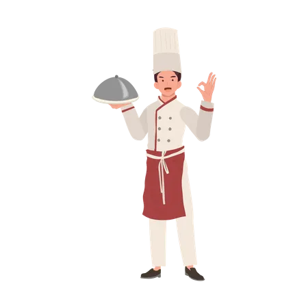 Male Chef and cloche and showing Ok Hand Sign  Illustration