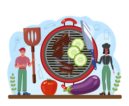 Male chef and female chef making bbq grilled meat  イラスト