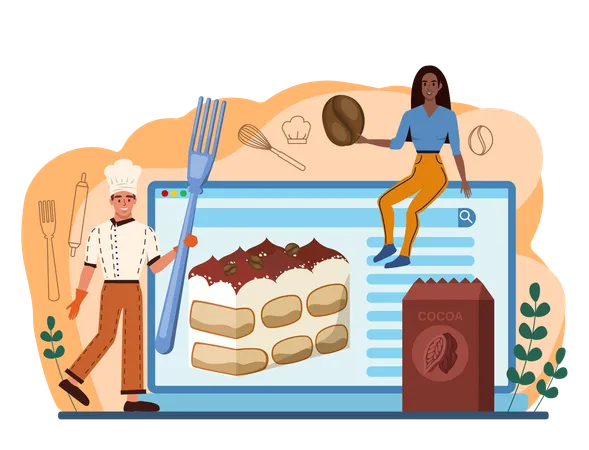Male chef and woman  cooking online Tiramisu dessert  Illustration