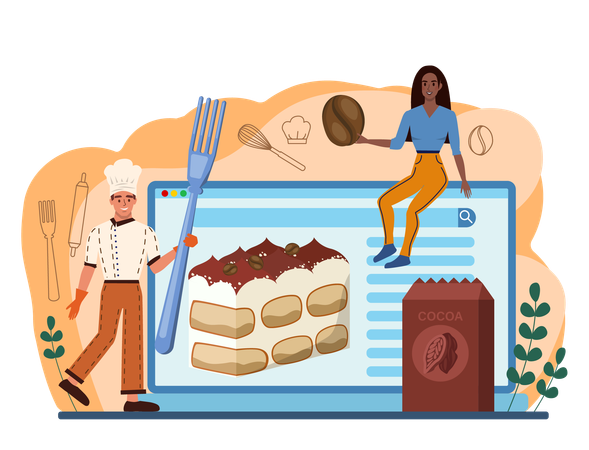 Male chef and woman  cooking online Tiramisu dessert  Illustration