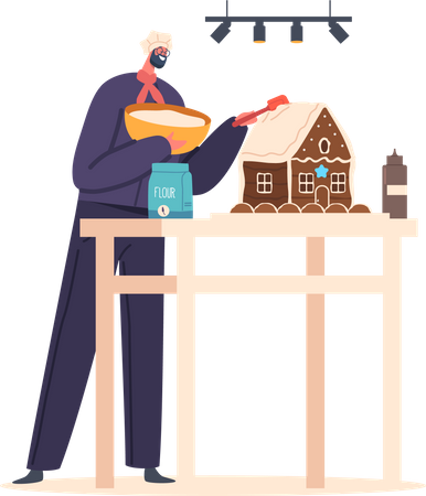 Male Chef baking Gingerbread House Dessert  Illustration