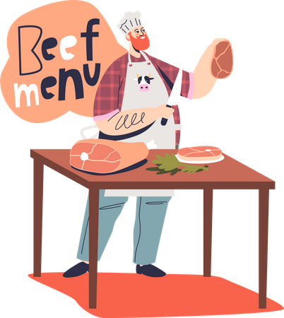 Male chef cook making steak and meat dishes for restaurant  Illustration