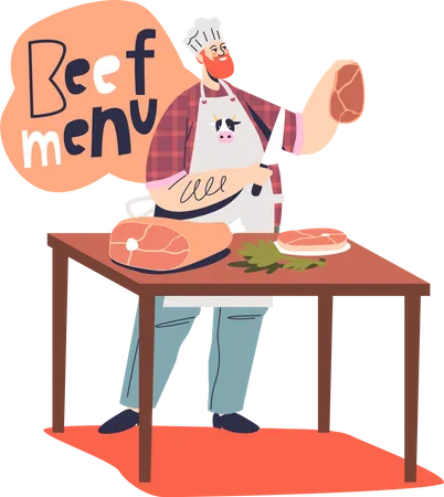 Male chef cook making steak and meat dishes for restaurant  Illustration