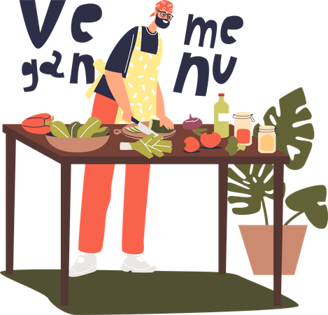 Male chef cook making vegan menu for restaurant Illustration