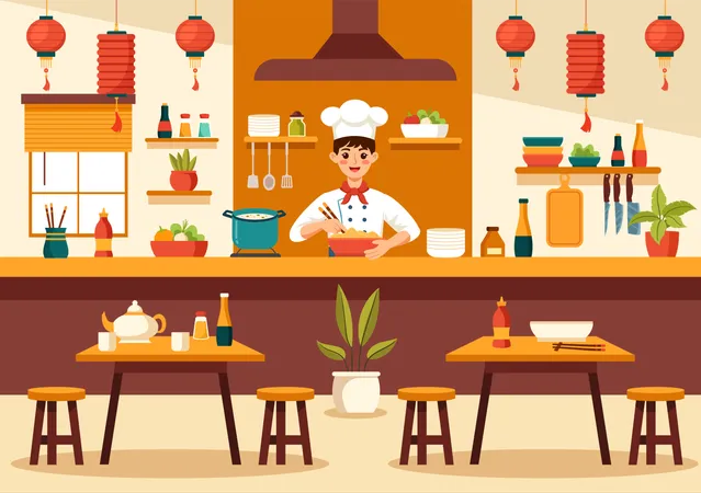 Male chef cooking food at Vietnam restaurant  Illustration