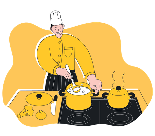 Male chef cooking food in kitchen Illustration