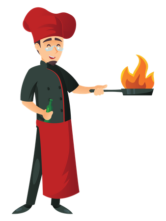 Male chef cooking in frying pan Illustration