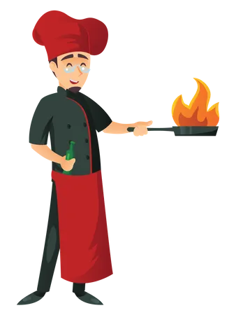 Male chef cooking in frying pan  Illustration