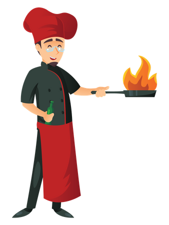 Male chef cooking in frying pan  Illustration