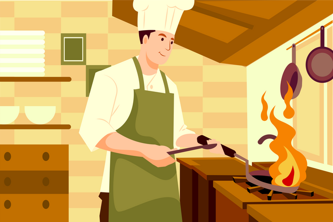 Male chef cooking in kitchen Illustration