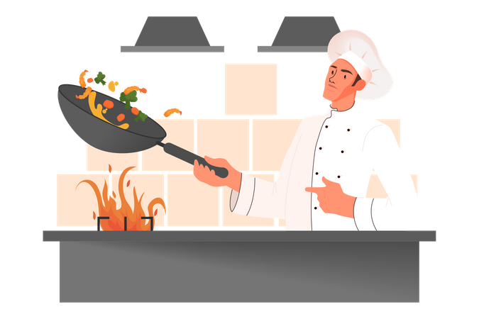 Male chef cooking meal Illustration
