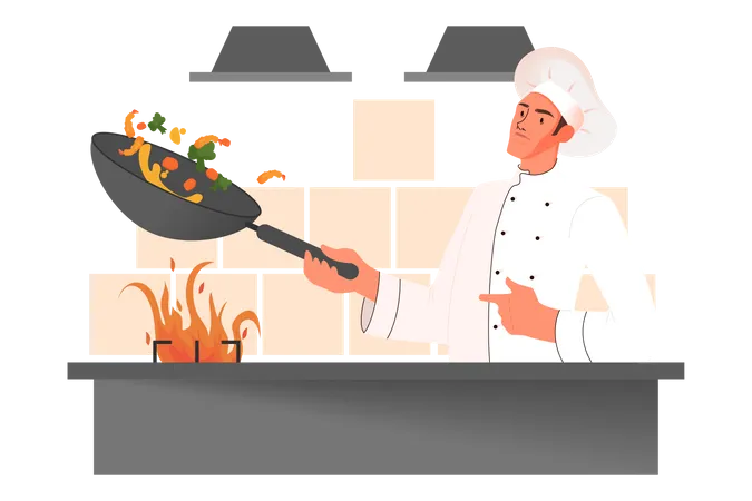 Male chef cooking meal Illustration