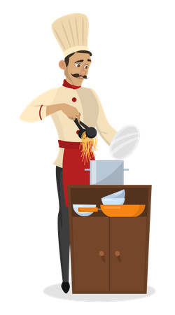 Male chef cooking noodles  Illustration