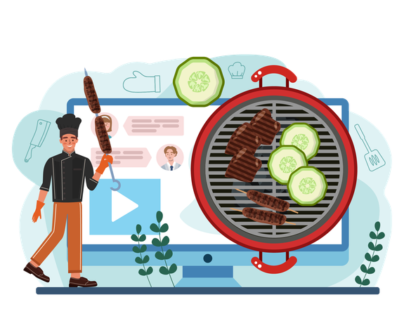 Male chef cooking online bbq food  Illustration