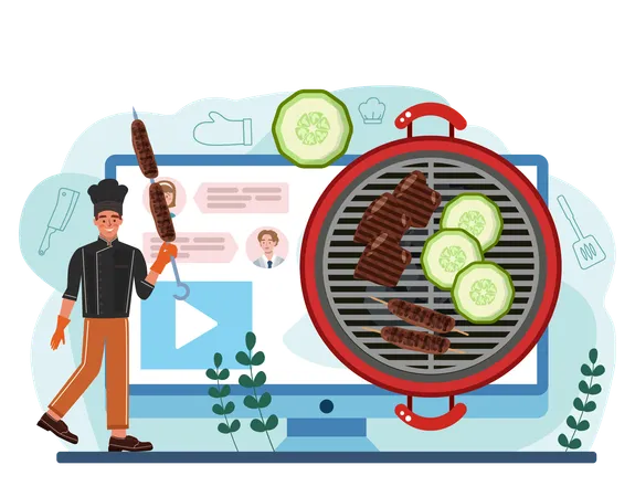 BBQ Steak Online Service Or Platform Grilled Meat With Vegetables Barbecue With A Hot Sauce Sausage Pork And Beef Kebab Online Recipe Flat Vector Illustration Illustration