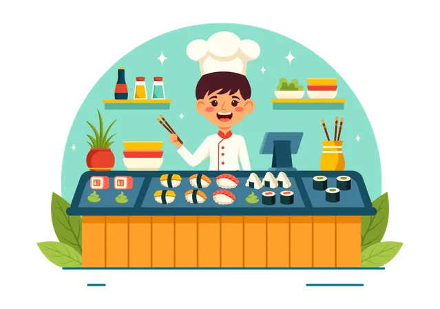 Male chef cooking sushi food  Illustration