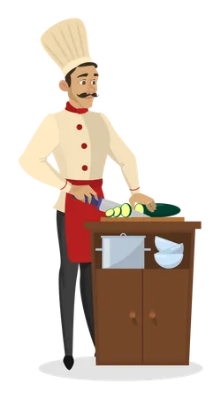 Male chef cutting cucumber  Illustration