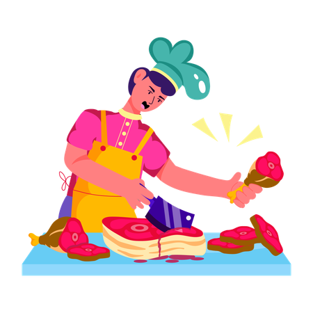 Male chef cutting meat  Illustration