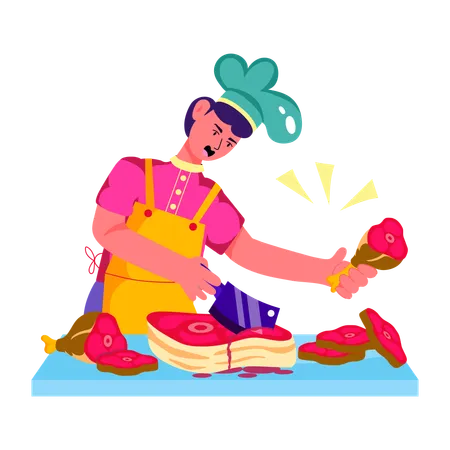 Male chef cutting meat  Illustration