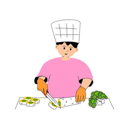 Male chef cutting sushi  Illustration