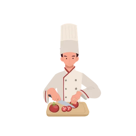Male Chef cutting tomato on copping board  Illustration