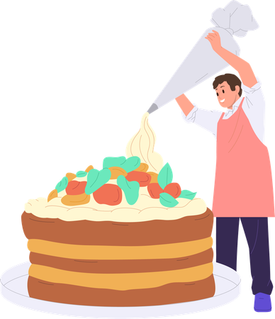 Male chef decorating cake  イラスト