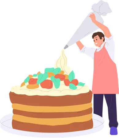 Pastry Chef Cartoon Character Decorating Giant Cake Sweet Food With Cream Isolated On White Background Male Bakery House Worker Cooking Serving Birthday Or Wedding Dessert Vector Illustration Illustration