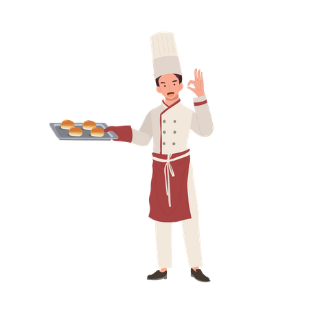 Male Chef Giving Ok Hand Sign and holding plate  Illustration
