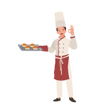 Full Length Smiling Male Chef Character Giving Ok Hand Sign Chef Giving Approval Gesture Flat Vector Cartoon Illustration Illustration