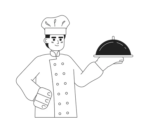 Male Chef Hold Silver Platter Monochromatic Flat Vector Character Editable Thin Line Half Body Young Serious Man With Food Tray On White Simple Bw Cartoon Spot Image For Web Graphic Design Illustration