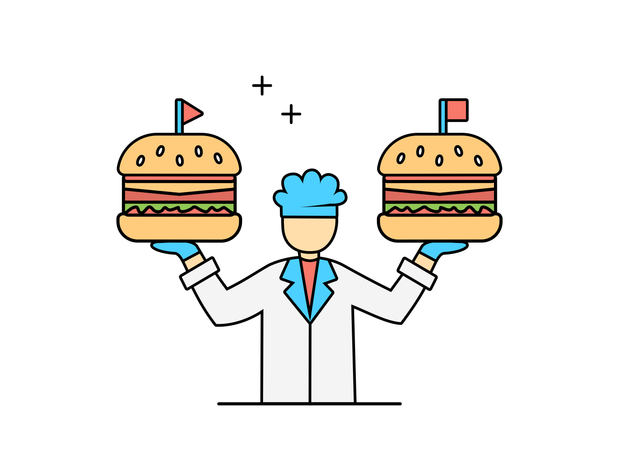 Male chef holding burger  Illustration