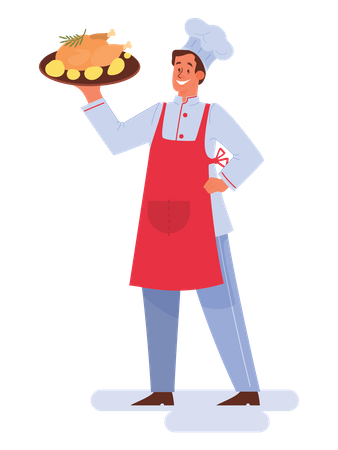 Male chef holding chicken dish  Illustration