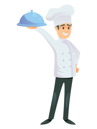 Male chef holding cloche in hand  Illustration