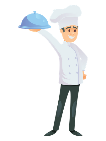 Male chef holding cloche in hand  Illustration