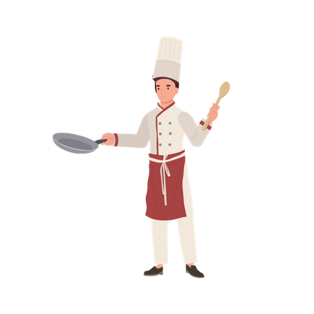 Male Chef in Chef Hat Holding Pan and Turner  Illustration