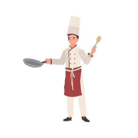 Male Chef in Chef Hat Holding Pan and Turner  イラスト