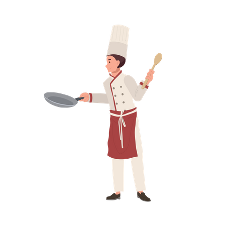 Male Chef in Chef Hat Holding Pan and Turner  일러스트레이션