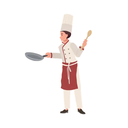 Male Chef in Chef Hat Holding Pan and Turner  일러스트레이션