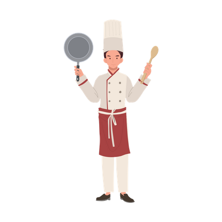 Male Chef in Chef Hat Holding Pan and Turner  Illustration