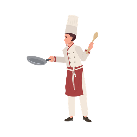 Male Chef in Chef Hat Holding Pan and Turner  Illustration